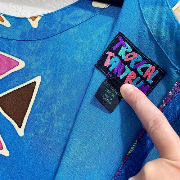 Vintage 90s Blue Tropical Tantrum Rayon Babydoll Mini Dress Large - Picture 8 of 8